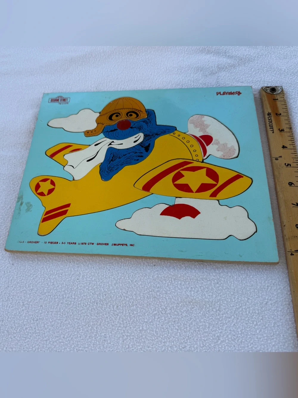 Vintage 1973 Playskool Sesame Street Grover Pilot Wood Tray Puzzle 13pc